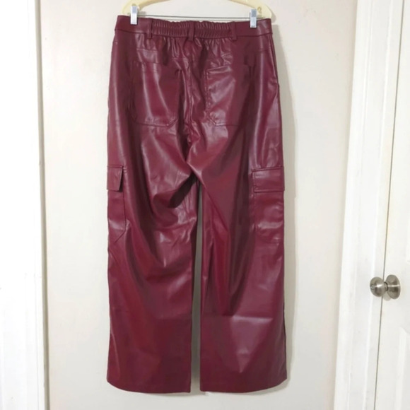 WILD FABLE Faux Leather Burgundy Wine Wide Leg Cargo Pants, Elastic Back Waist - Picture 7 of 16